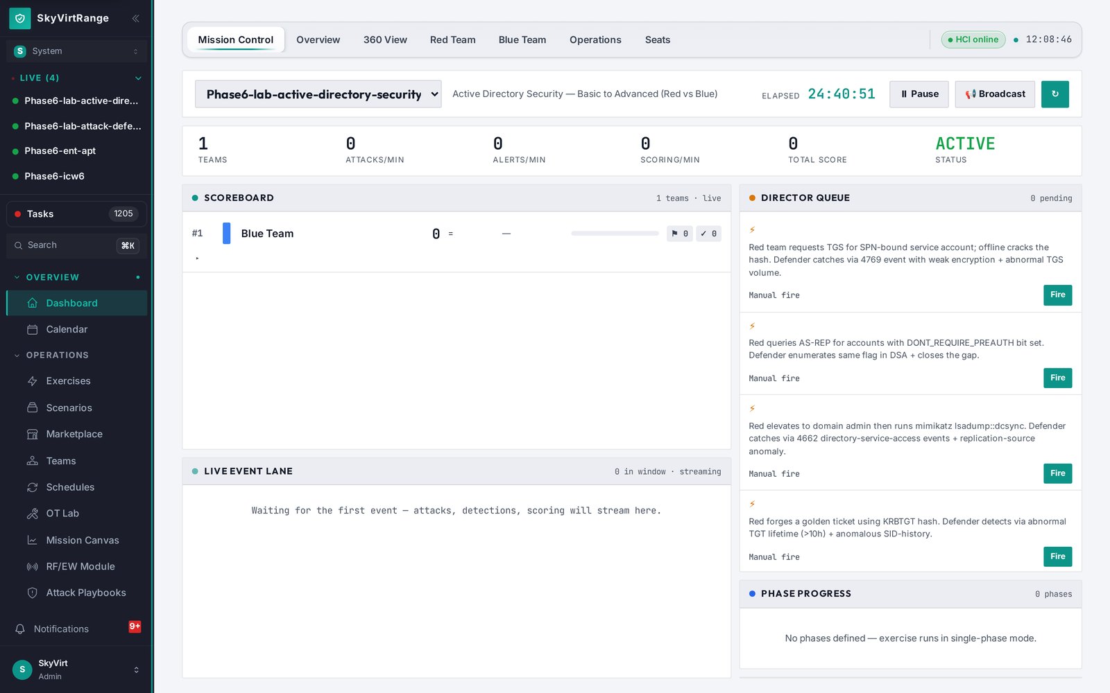 SkyVirtRange dashboard showing live exercises, tasks and range activity.