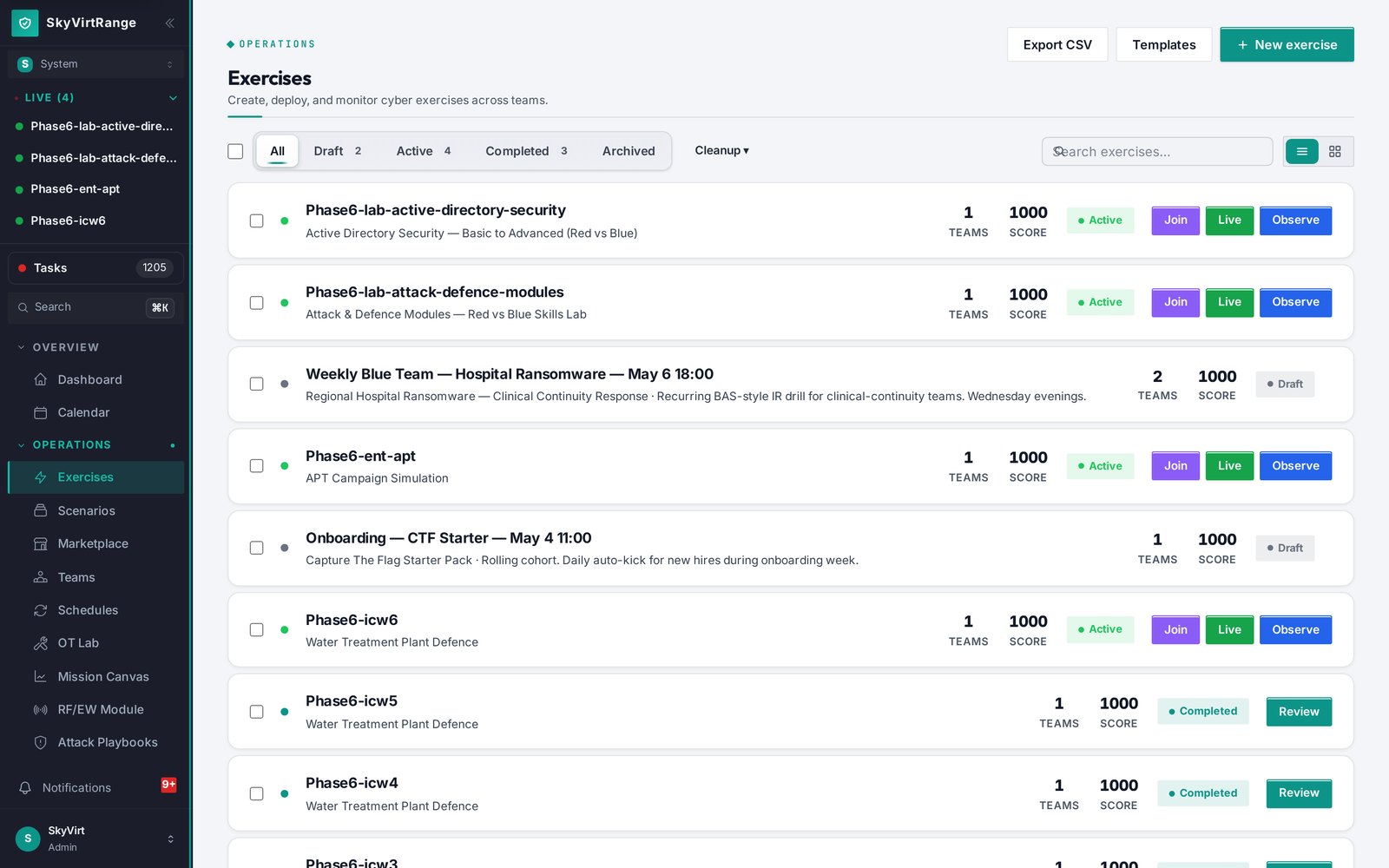 SkyVirtRange exercises view: live red-versus-blue exercises with teams, scores and join/observe controls.